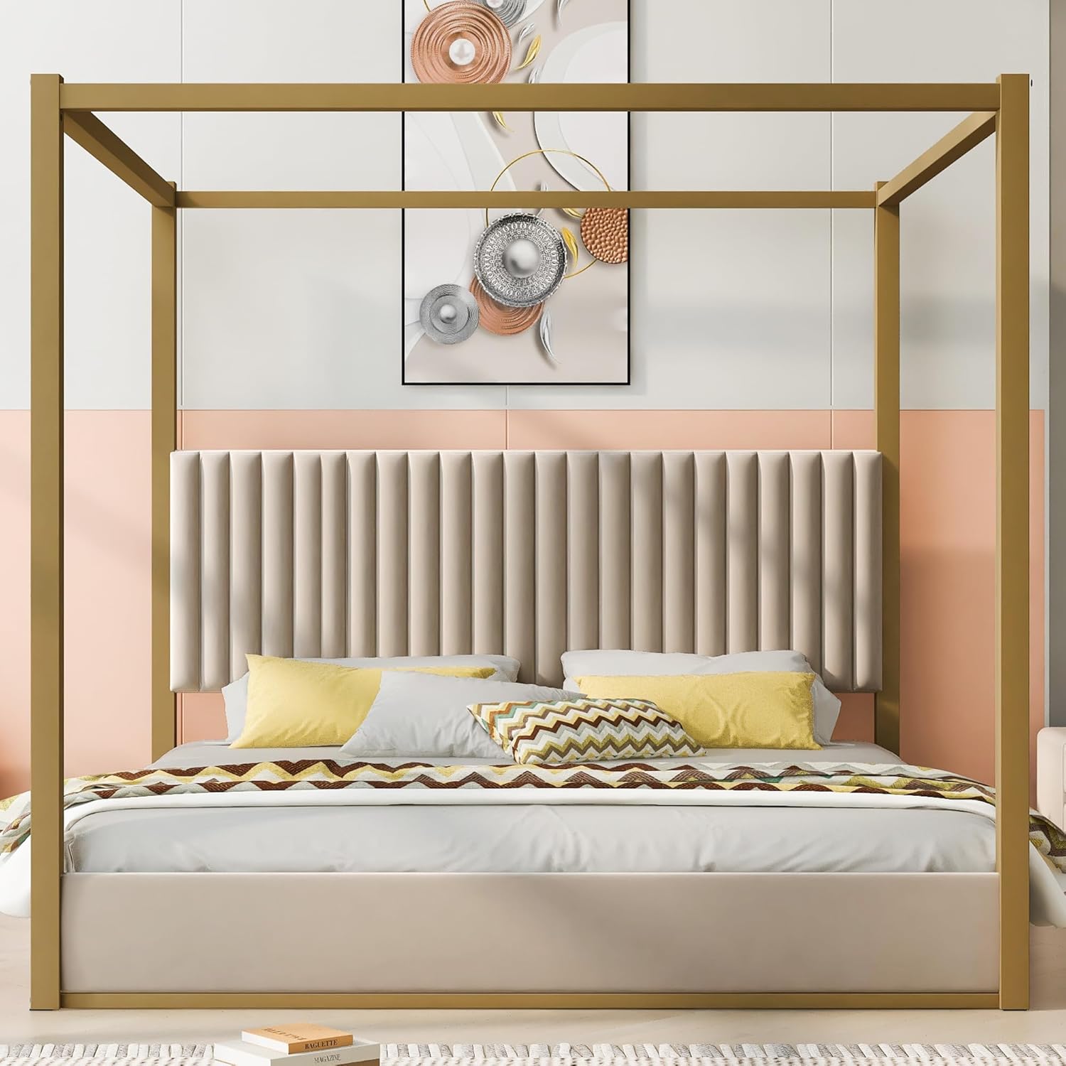 King Size Canopy Bed with Upholstered Headboard, 4-Poster Bed Frame with Metal Frame for Bedroom (Beige, King)