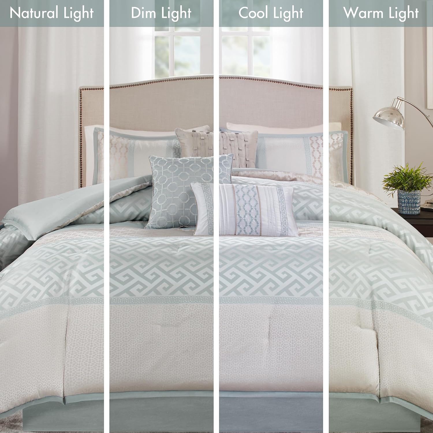 Madison Park Luxury Comforter Set-Traditional Jacquard Design All Season Down Alternative Bedding, Matching Bedskirt, Decorative Pillows, King(104'x92'), Bennett, Geometric Aqua 7 Piece