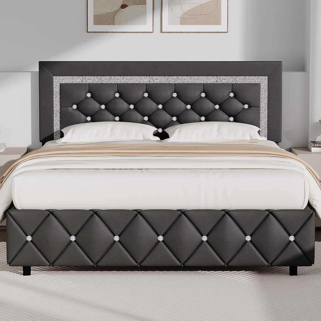 BarnFurin Full Bed Frame with Diamond Tufted Headboard, Faux Leather Upholstered Bed with Wooden Slats Support, No Box Spring Needed, Mattress Foundation, Easy Assembly, Gray