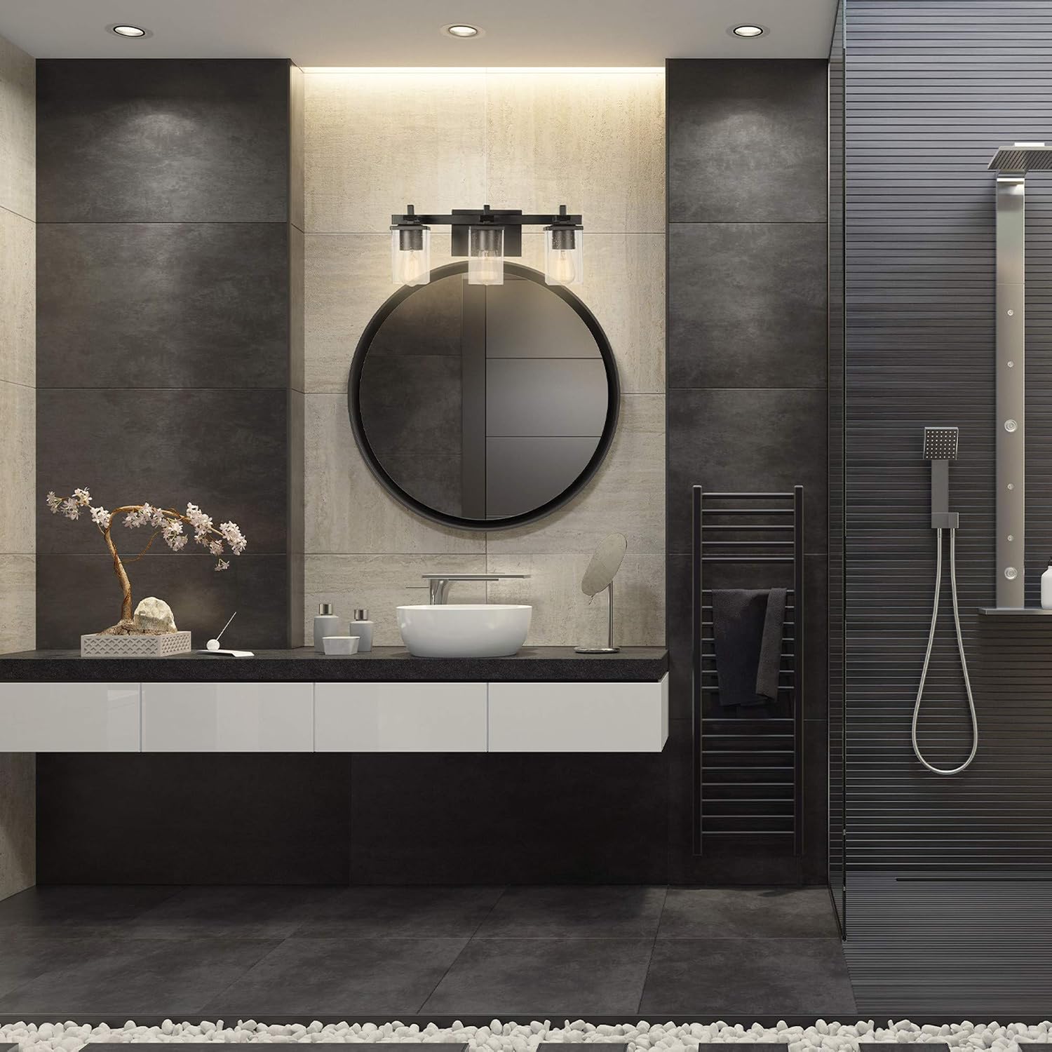 Globe Electric 51634 Dakota 5-Piece All-in-One Bathroom Set 3 Vanity Light with Seeded Glass Shades, Bar, Toilet Paper Holder, Towel Ring, Robe Hook, Matte Black