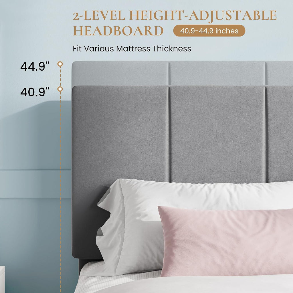 SHA CERLIN King Size Bed Frame, Velvet Upholstered Platform Bed, Vertical Channel Tufted Adjustable Headboard, Low Profile Bed Frame, No Box Spring Needed, Easy Assembly, Grey