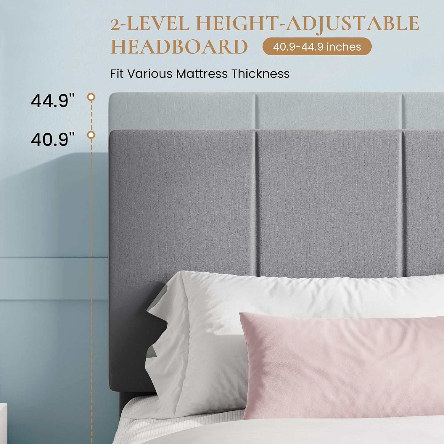SHA CERLIN King Size Bed Frame, Velvet Upholstered Platform Bed, Vertical Channel Tufted Adjustable Headboard, Low Profile Bed Frame, No Box Spring Needed, Easy Assembly, Grey