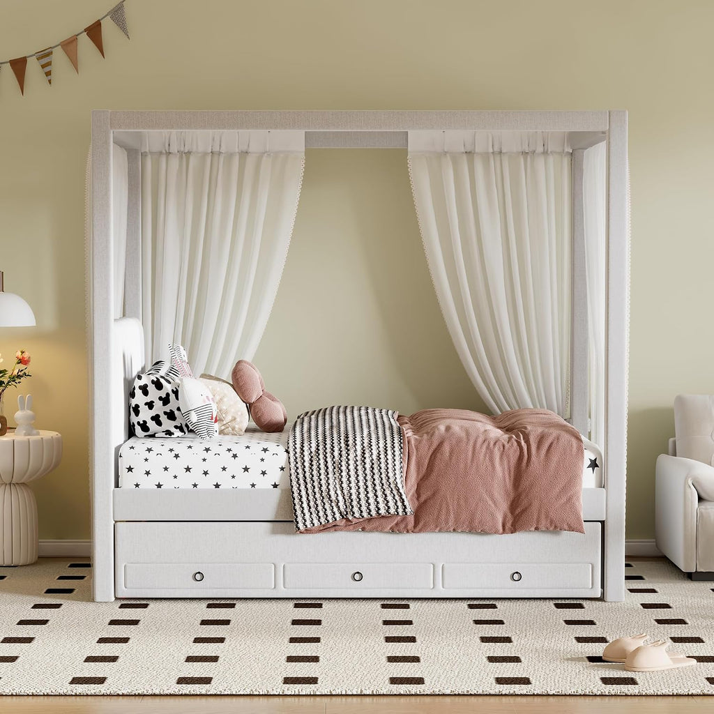 Twin Size Linen Upholstered Canopy Bed with Trundle and 3 Storage Drawers for Bedroom, Guest Room (Twin)