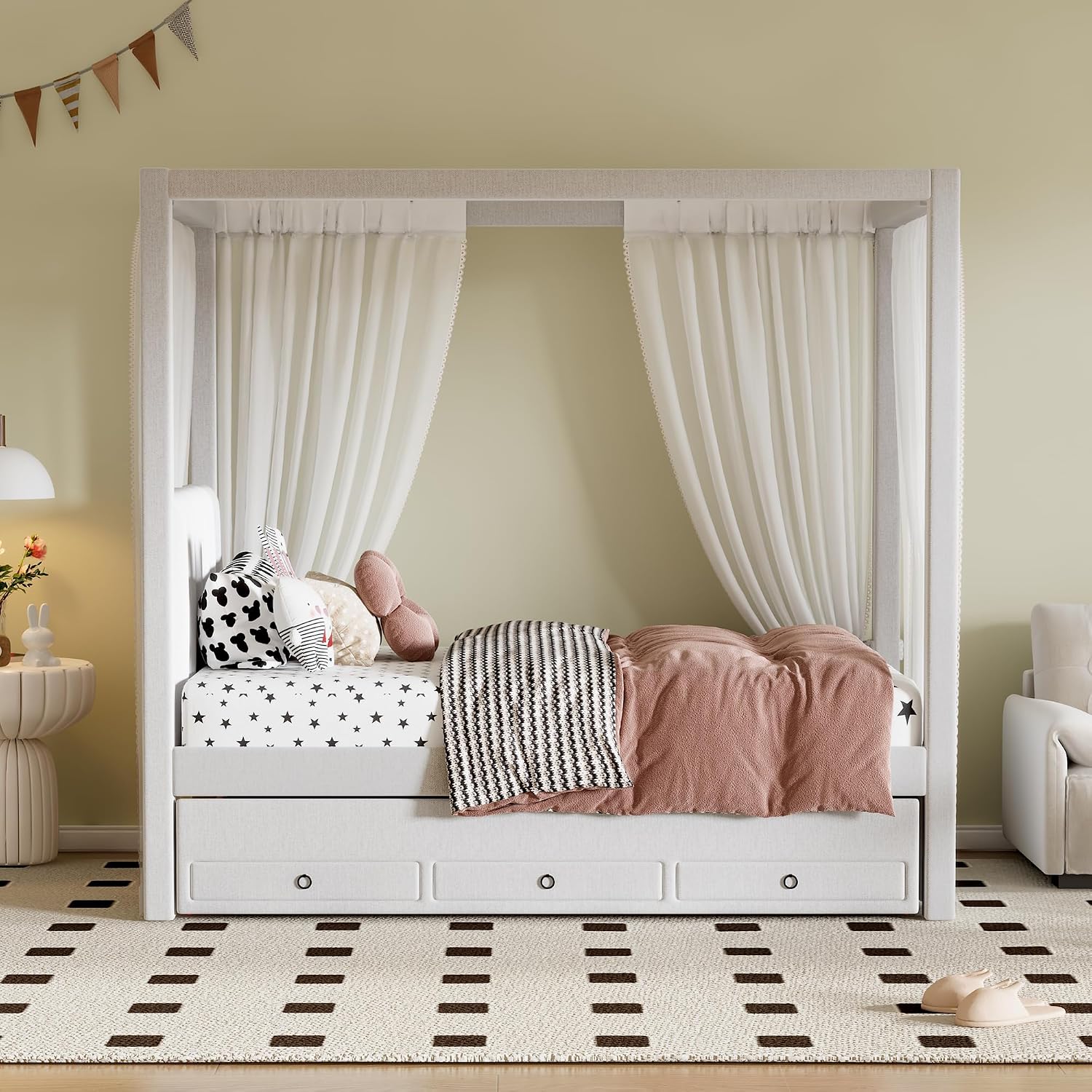 Twin Size Linen Upholstered Canopy Bed with Trundle and 3 Storage Drawers for Bedroom, Guest Room (Twin)