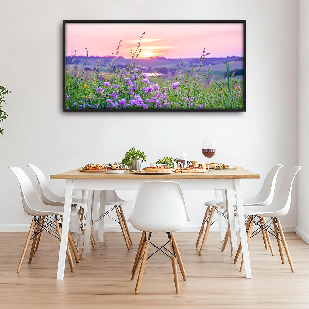 Nature Scenery Large Wall Art Sunset Framed Wall Decor for Living Room Countryside Wildflowers Pictures Oversized Canvas Print Painting Modern Extra Large Framed Artwork for Bedroom Office 60'x30'