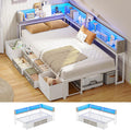 MSmask 14 Inch Corner Bed Frame with Bookcase Storage, Twin XL Daybed with 6 Drawers, Charging Station and LED Light, Twin XL Size Metal Platform Bed Frame for Kids Teenagers, White & Oak Grey