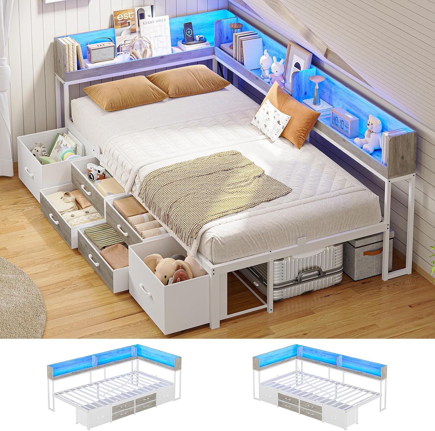 MSmask 14 Inch Corner Bed Frame with Bookcase Storage, Twin XL Daybed with 6 Drawers, Charging Station and LED Light, Twin XL Size Metal Platform Bed Frame for Kids Teenagers, White & Oak Grey