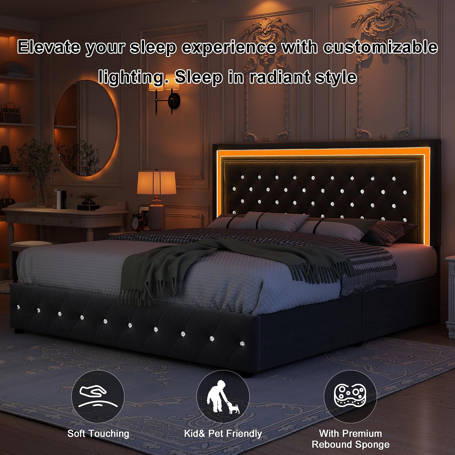 GEGOFORU Full Bed Frame with LED Lights, Storage Drawers, No Box Spring Needed, 900 lbs Capacity, Easy Assembly, Velvet Grey