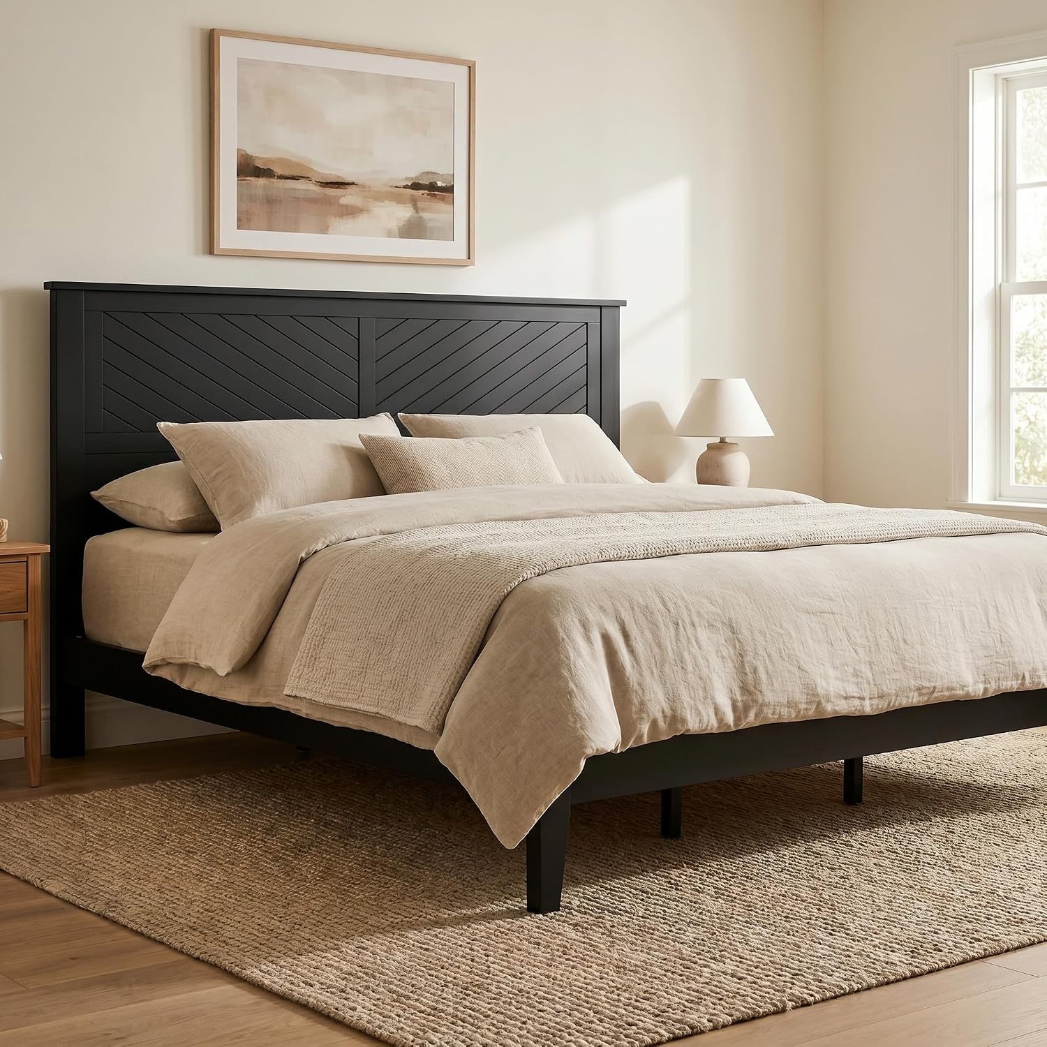 ComfIQ Solid Wood Platform Bed with Wooden Slats – Durable Frame, No Box Spring Required, Ample Underbed Storage, Black, King, Bed and Chevron Headboard