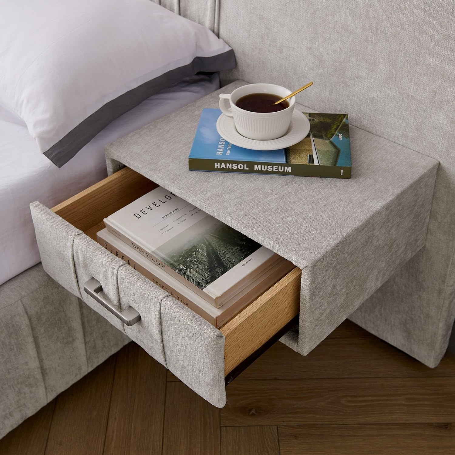 KEIKI Queen Size Chenille Bed Frame with 2 Nightstands, Lamps & Oversize Headboard, Solid Wood Frame Platform Night Stand Bedroom Set, Upholstered Floor Grounded Bed, No Box Spring Needed, Beige