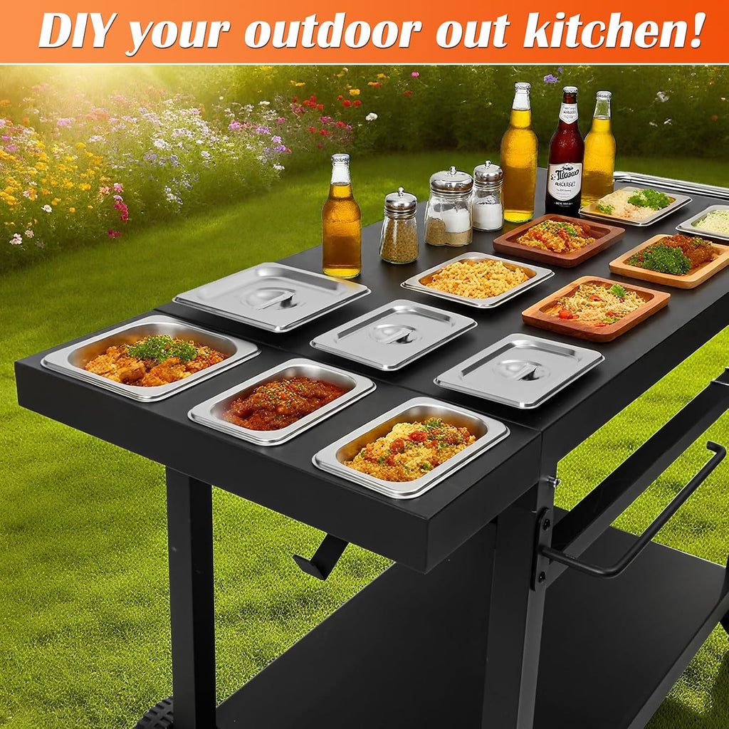 Black Cast Iron 2-Shelf Grill Cart with Wheels,Heavy Duty Pizza Oven Stand for Blackstone Ninja,Outdoor Cooking Station with Durable Tabletop
