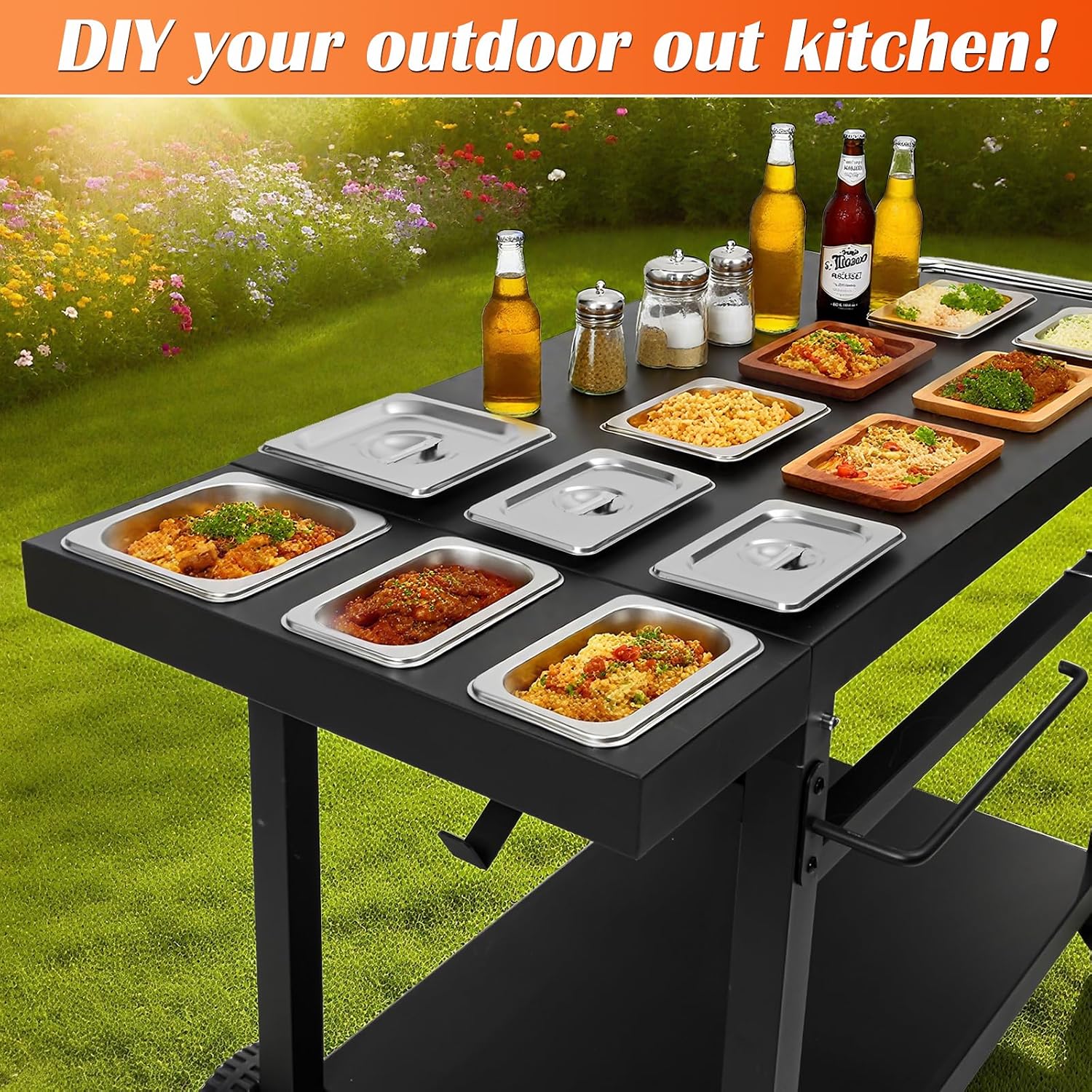 Black Cast Iron 2-Shelf Grill Cart with Wheels,Heavy Duty Pizza Oven Stand for Blackstone Ninja,Outdoor Cooking Station with Durable Tabletop