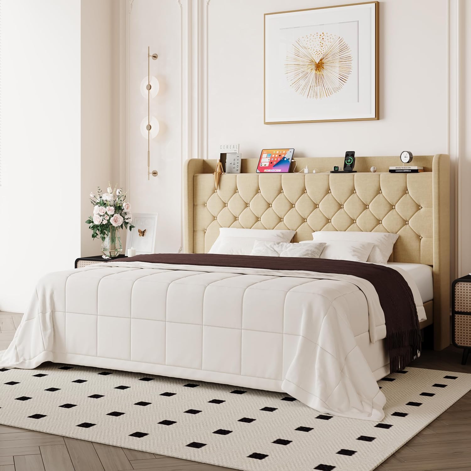 Allewie King Size Bed Frame, Storage Headboard with Charging Station,Wingback Linen Upholstered, Diamond Stitched Button Tufted, Sturdy Wooden Slats, No Box Spring Needed, Easy Assembly, Beige