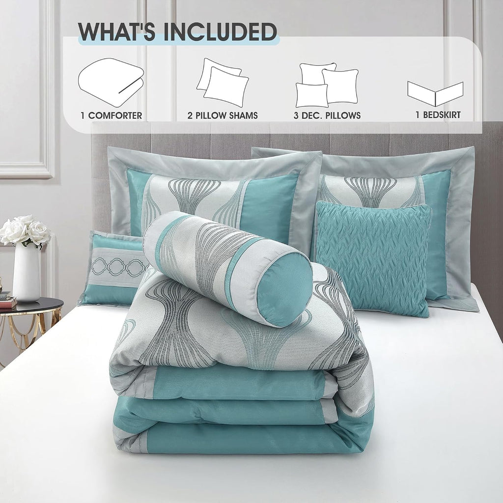 LANCO MODERN LIFESTYLE King Comforter Set, Blue, 7 Pieces in a Bag, Ultra Soft Jacquard with Solid Piecework, Luxury Bed Set with Comforters, Bed Skirt, Pillow Shams and Decorative Pillows