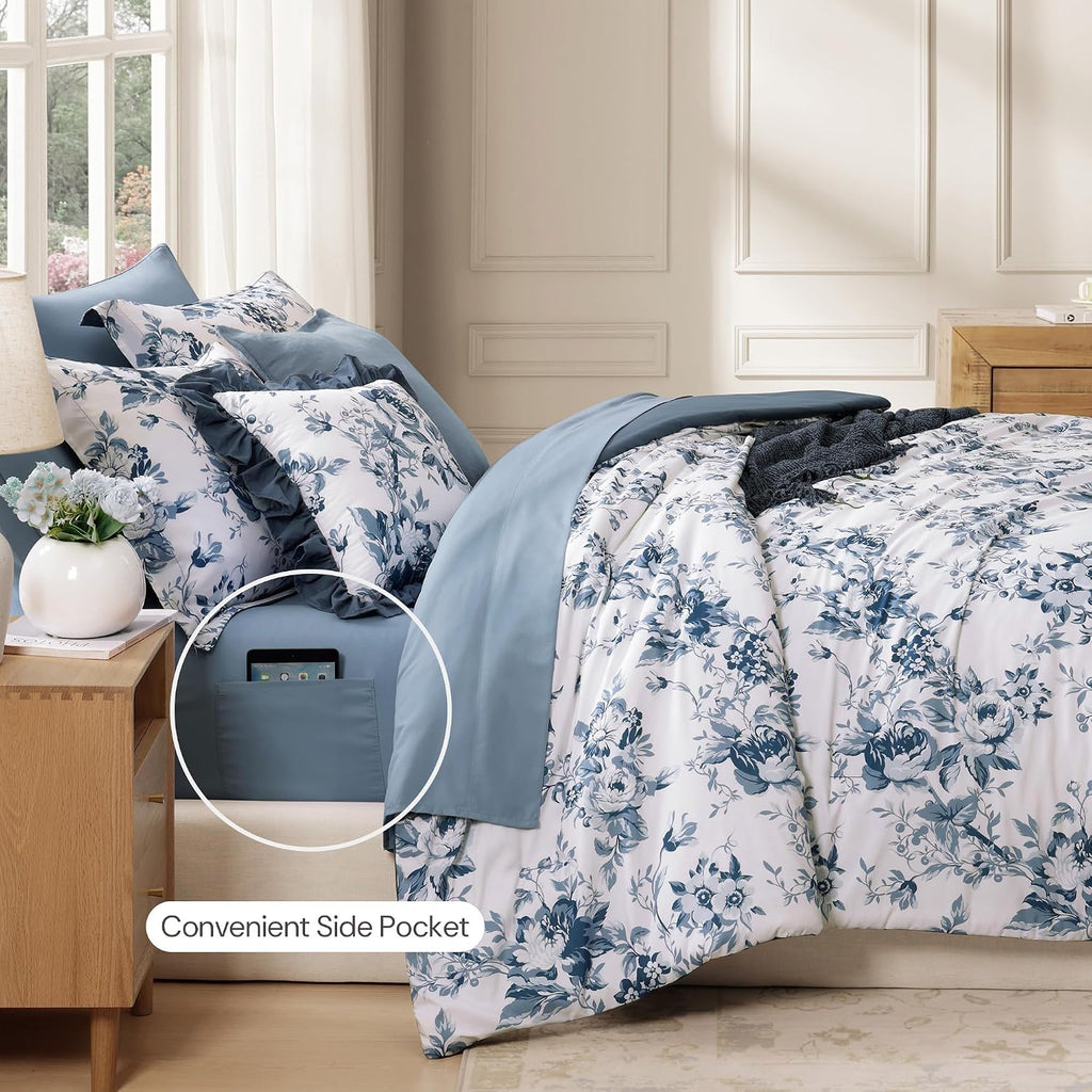 BLOOMHAVEN Oversized King Comforter Set -7 Pieces Floral Rain Washed Bedding Set for All Seasons, Bed in a Bag with Botanical Flowers Comforter, Sheets, Pillowcases & Shams
