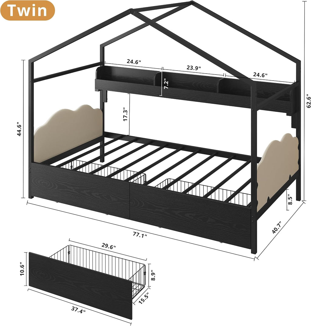 LIKIMIO Twin Corner Bed Frame with 2 Storage Drawers, DIY House Bed with Bookshelf & Curved Upholstered Headboard & Footboard, Twin Bed Frames for Bedroom, No Box Spring Needed, Black-White