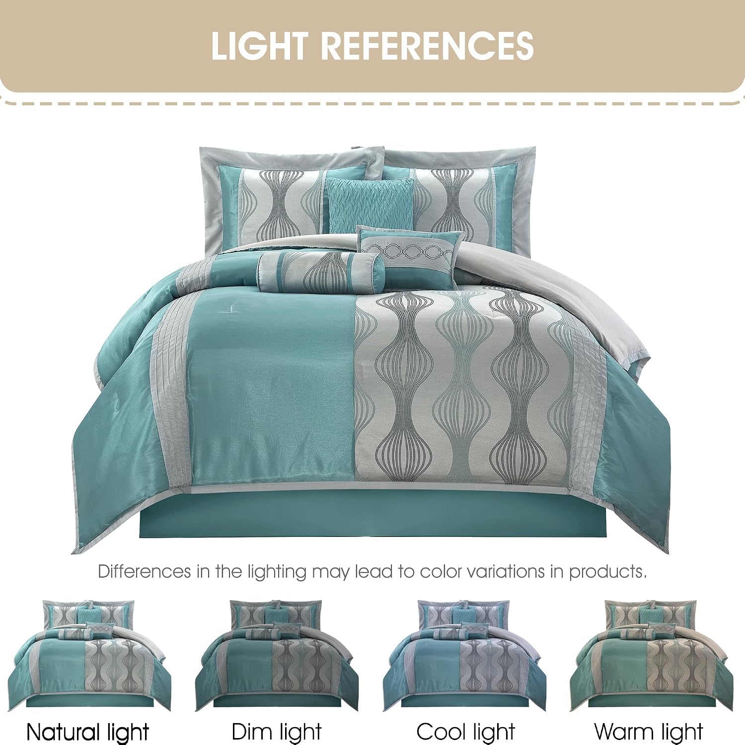 Grand Avenue 7 Piece Beige Comforter Set, Queen Size Jacquard Bedding Set, All Season Geometric Patchwork Bedding Set, Matching Pillows, Shams, Bed Skirt