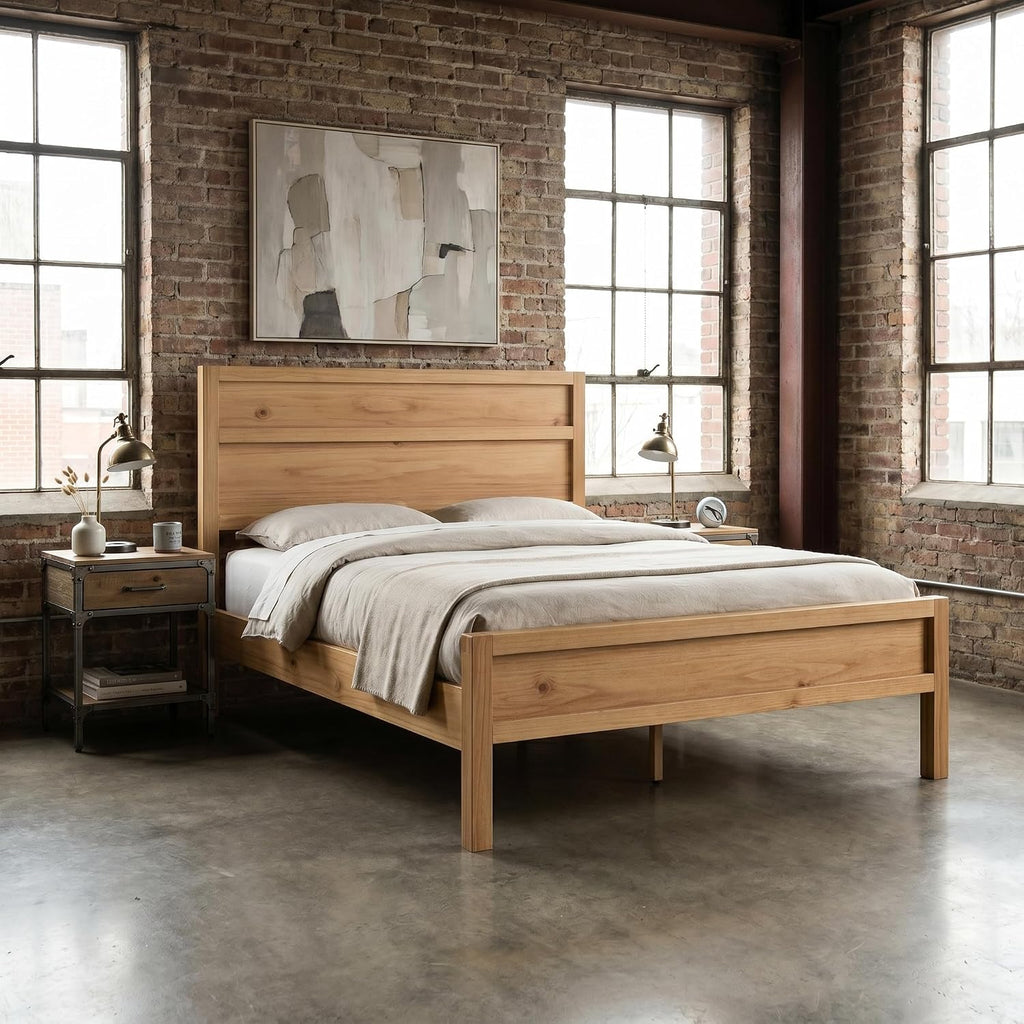 ComfIQ Solid Wood Platform Bed with Wooden Slats – Durable Frame, No Box Spring Required, Ample Underbed Storage, Pine, Queen, Bed and Clean-Line Headboard