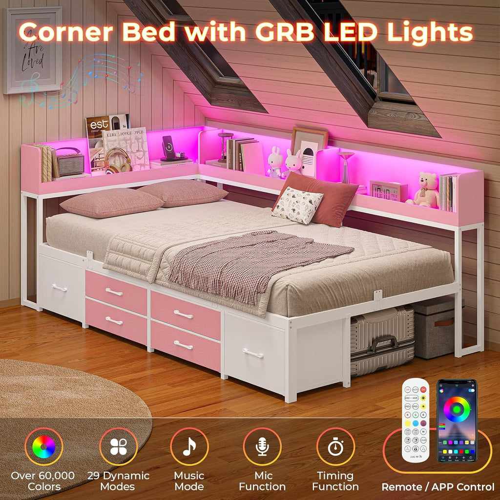 MSmask 14 Inch Corner Bed Frame with Bookcase Storage, Twin Daybed with 6 Drawers, Charging Station and LED Light, Twin Size Metal Platform Bed Frame for Kids Teenagers, Pink