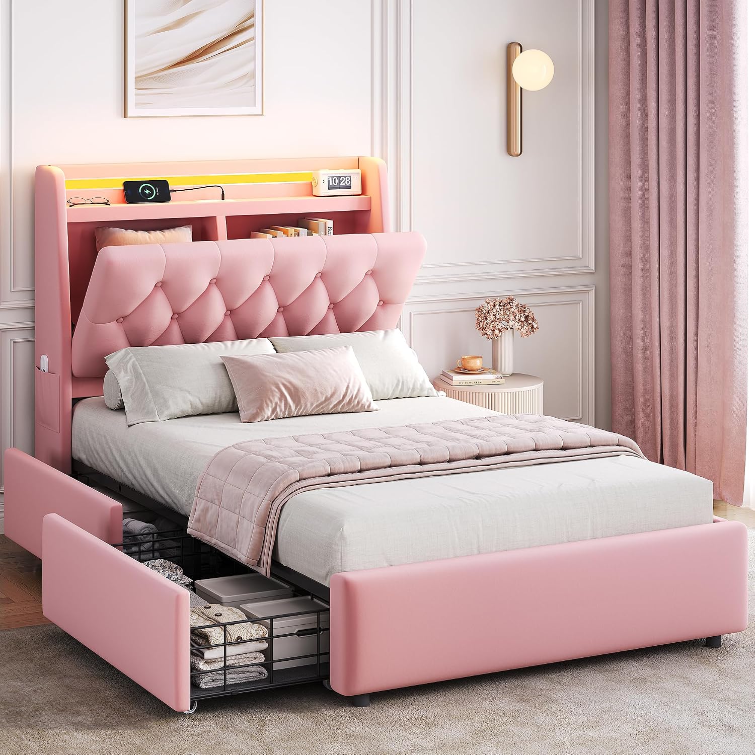 Twin LED Velvet Bed Frame with 2 Storage Drawers&Hidden Headboard, Upholstered Platform Bed with Charging Station&Button Tufted Design, Wooden Slats Support, Box Spring Optional, Easy Assembly, Pink