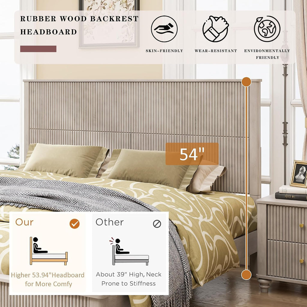 Mirightone King Size Platform Bed with Tall Headboard & Footboard,Rubber Wood King Bed Frame with Wood Panel Bed Base, Solid Wood Legs,No Squeak, No Box Spring Needed, Beige