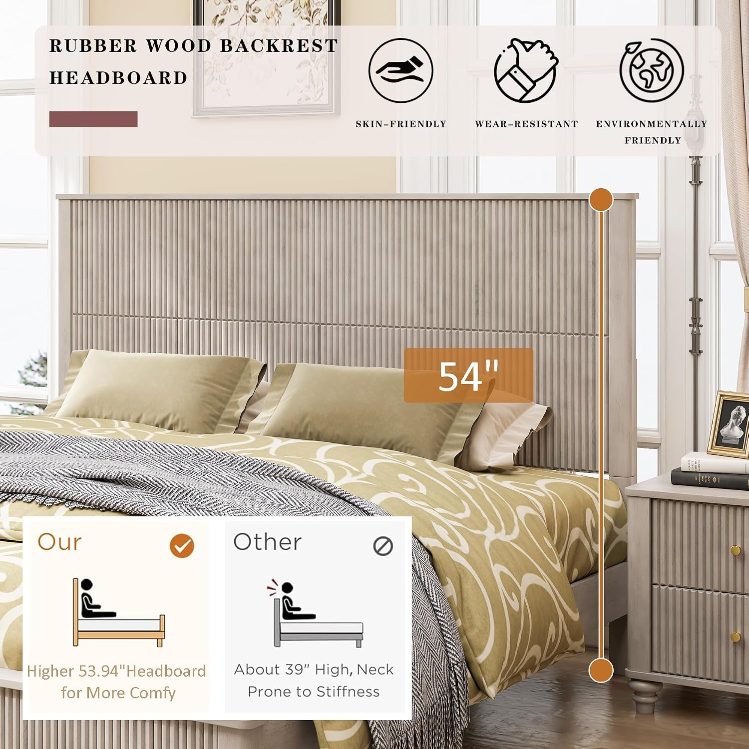 Mirightone King Size Platform Bed with Tall Headboard & Footboard,Rubber Wood King Bed Frame with Wood Panel Bed Base, Solid Wood Legs,No Squeak, No Box Spring Needed, Beige