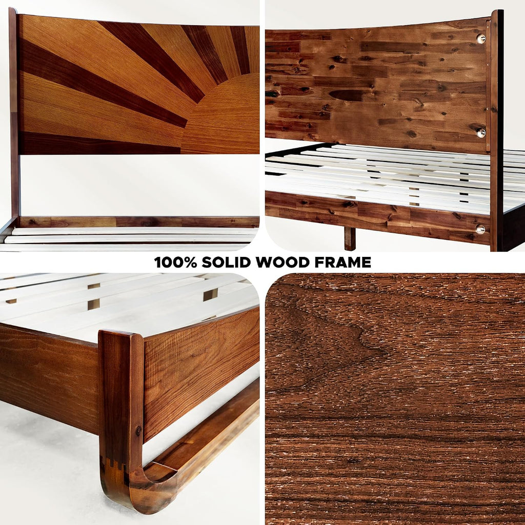 Sunset Deluxe Solid Acacia Wood Queen Size Platform Bed Frame with Tall Headboard, Mid-Century & Art Deco Design, No Box Spring Needed, Strong Wood Slat Support, Easy Assembly, Walnut