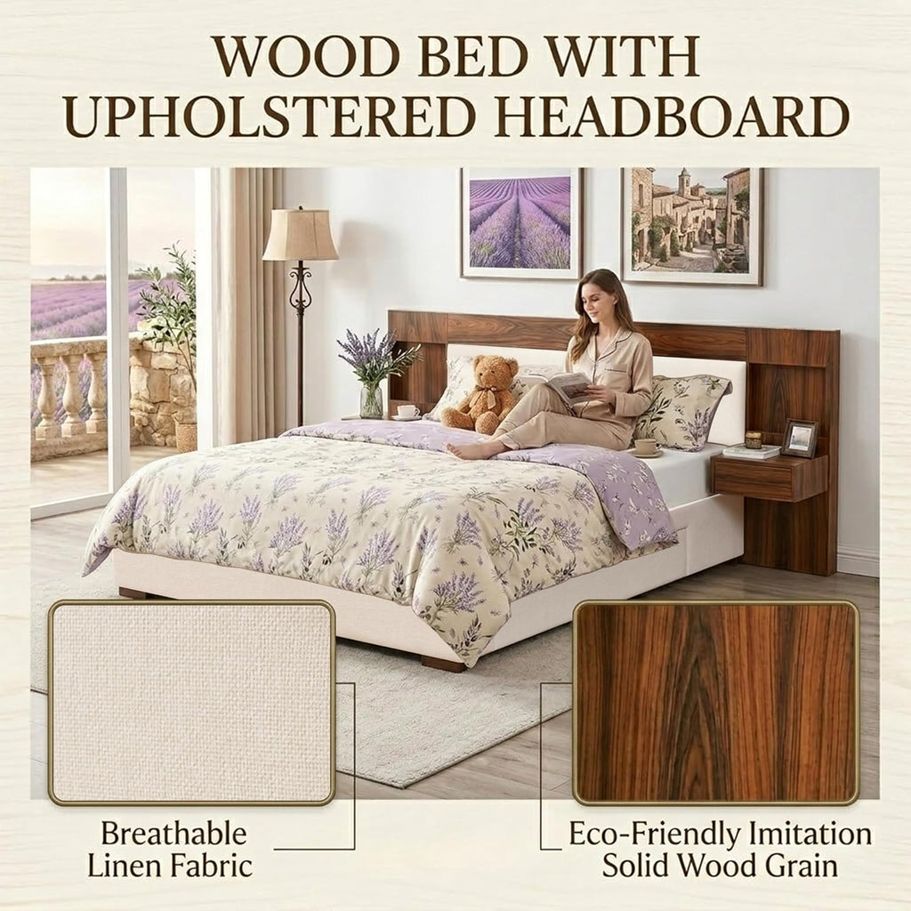 Queen Size Wood Bed Frame with Built-in Nightstands, Linen Platform Bed Frame with 2 Drawers, Natural Wood Grain & Luxury Upholstered Storage Headboard，No Box Spring Needed, Easy Assembly, Cream