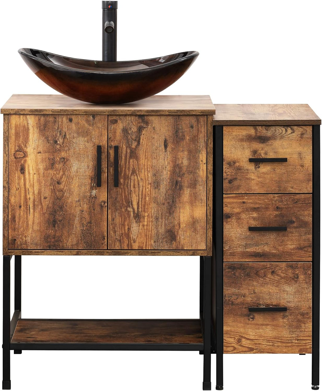 UEV 36' Rustic Brown Bathroom Vanity with Sink Combo,Industrial Iron Frame Bathroom Cabinet Sets with 3 Drawers Side Cabinet,Modern Brown Boat Tempered Glass Vessel Sink(029BR)