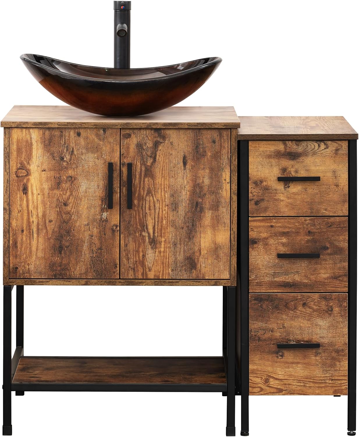 UEV 36' Rustic Brown Bathroom Vanity with Sink Combo,Industrial Iron Frame Bathroom Cabinet Sets with 3 Drawers Side Cabinet,Modern Brown Boat Tempered Glass Vessel Sink(029BR)