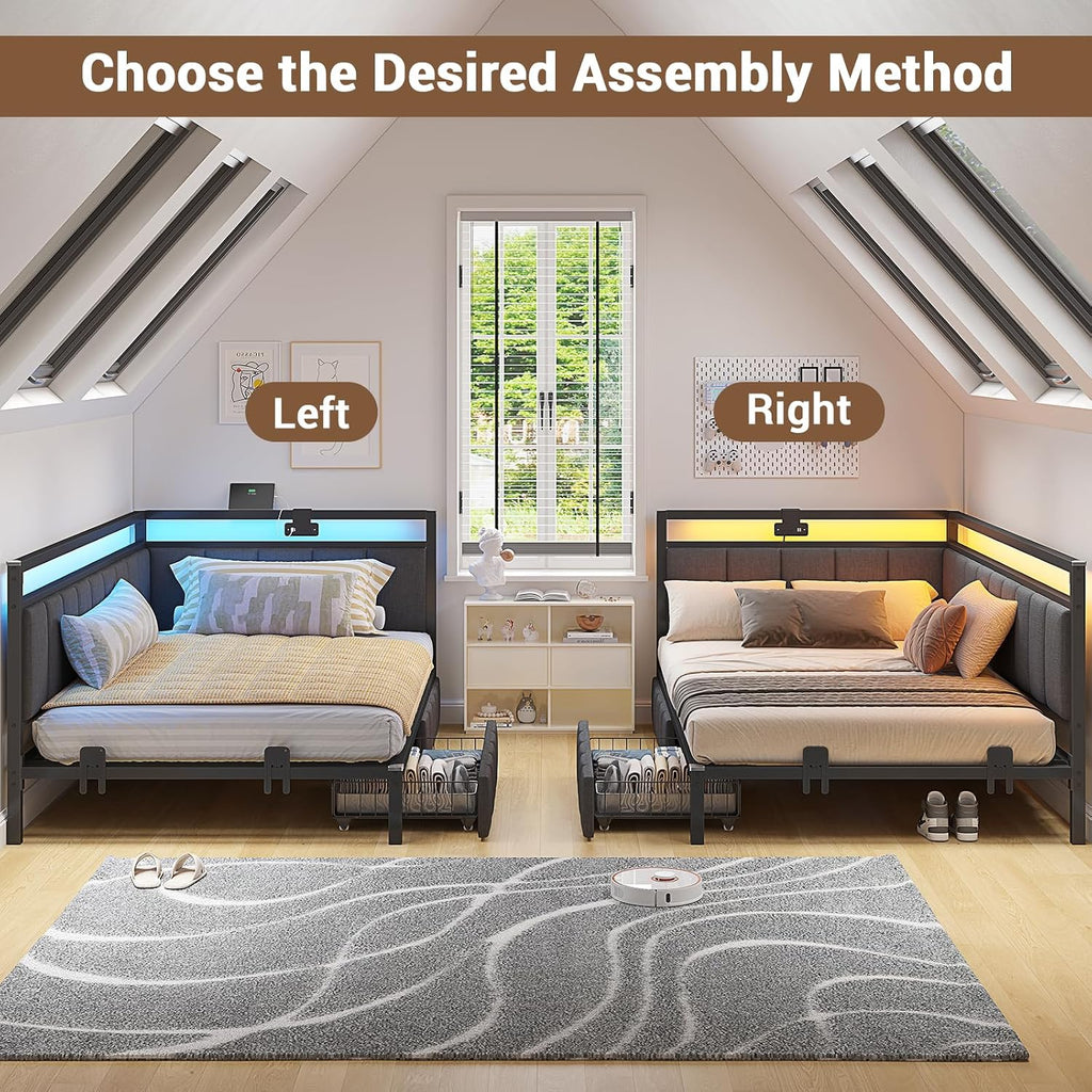 Hasuit Corner Bed Frame with Storage Drawers, Twin Daybed with Line Fabric Upholstered Fence, Kids Bed Unit with LED Light and Charging Station, Modern Bed Frame