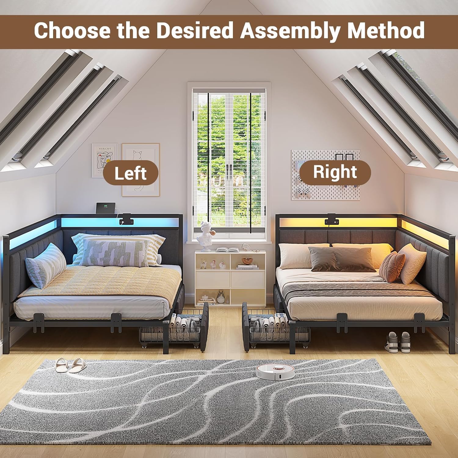 Hasuit Corner Bed Frame with Storage Drawers, Twin XL Daybed with Line Fabric Upholstered Fence, Kids Bed Unit with LED Light and Charging Station, Modern Bed Frame Twin XL Size, Gray