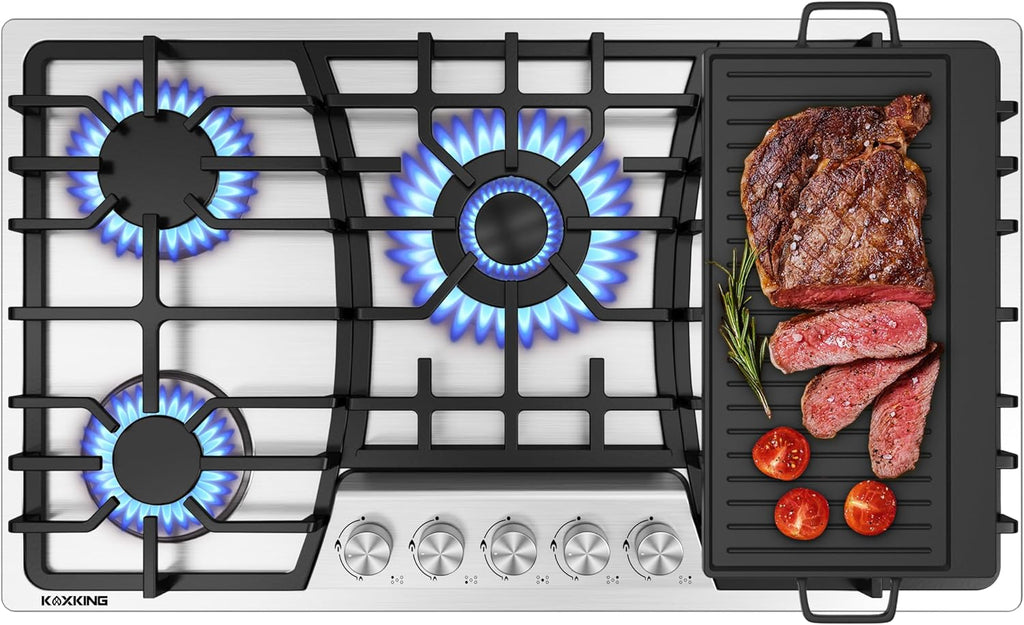 36 Inch Gas Cooktop with Griddle, Gas Stove Top with 5, Reversible Cast Iron Grill/Griddle, NG/LPG Convertible, with Thermocouple Protection, Stainless Steel