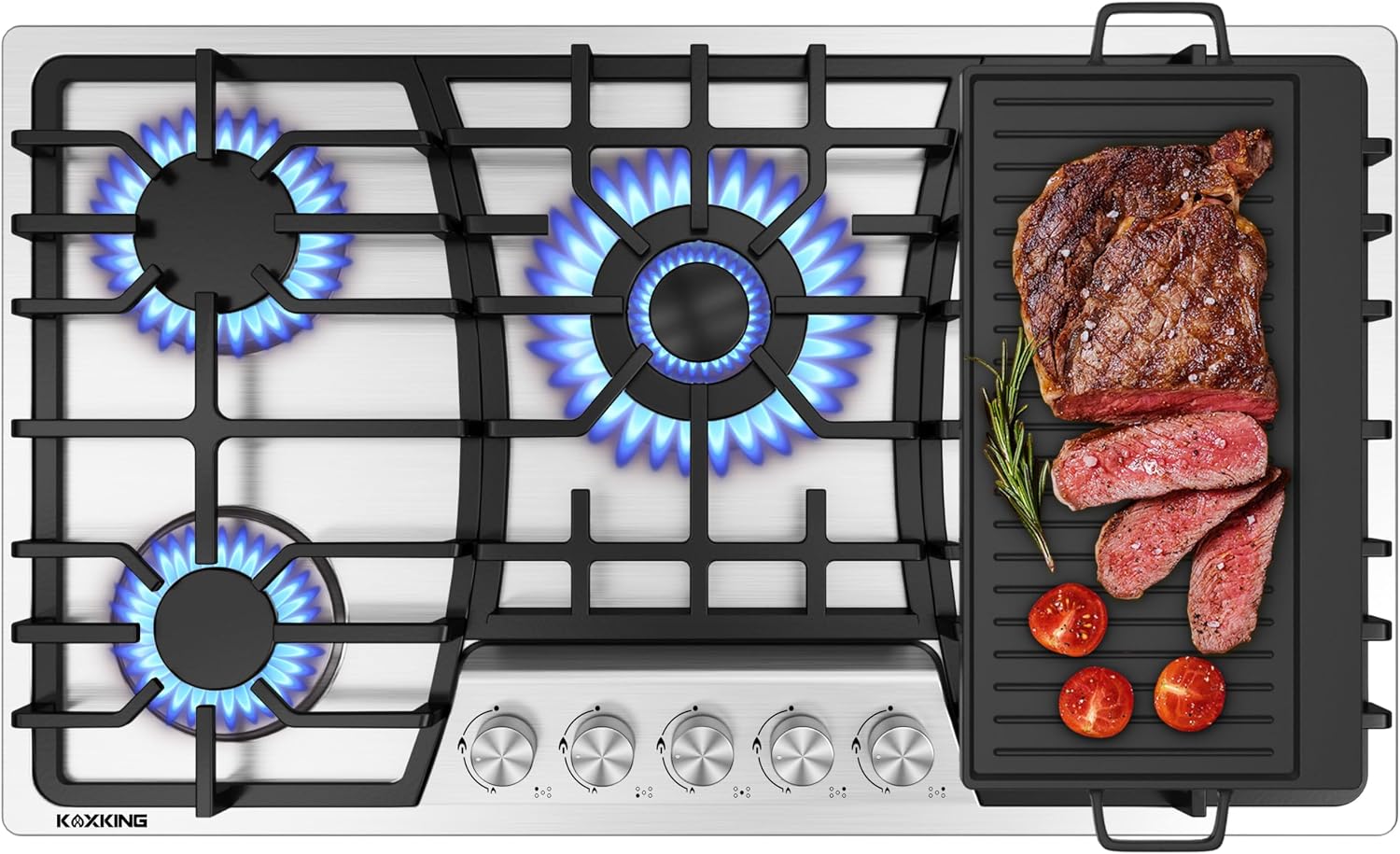 36 Inch Gas Cooktop with Griddle, Gas Stove Top with 5, Reversible Cast Iron Grill/Griddle, NG/LPG Convertible, with Thermocouple Protection, Stainless Steel