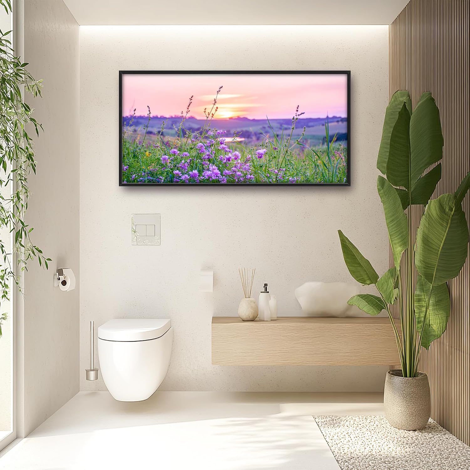 Nature Scenery Large Wall Art Sunset Framed Wall Decor for Living Room Countryside Wildflowers Pictures Oversized Canvas Print Painting Modern Extra Large Framed Artwork for Bedroom Office 60'x30'