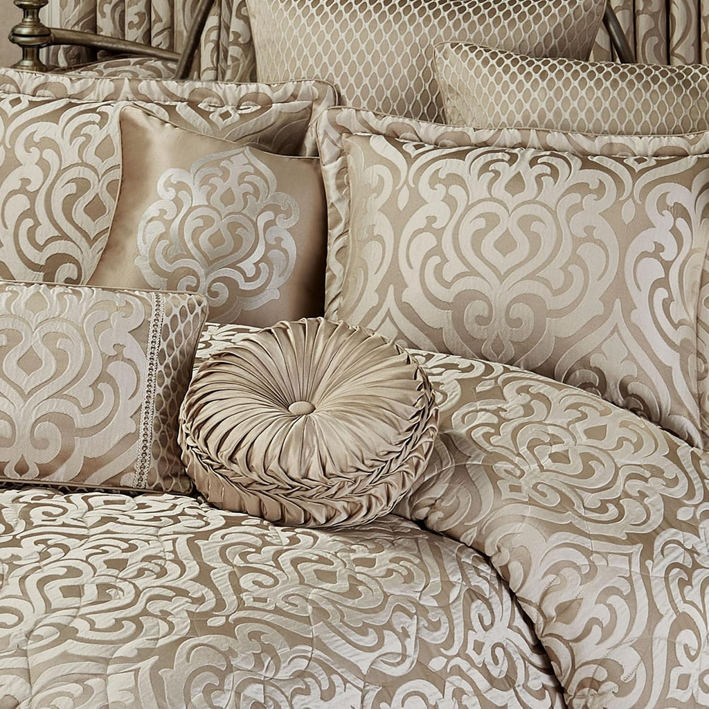 Davenport Luxury Bedding | Neutral Sand and Beige Hues | Jacquard-Woven Puff-Textured Scrollwork Medallions | 6 Pc Set Includes Cal King Bedspread, 2 King Shams, and 3 Decorative Reversible Pillows