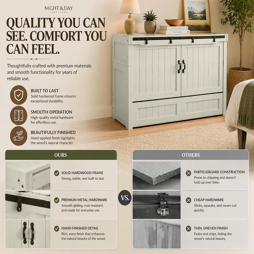 NIGHT & DAY Furniture Rustic Murphy Cube Cabinet Bed (Vintage White w/Ranchero Hardware, Queen)