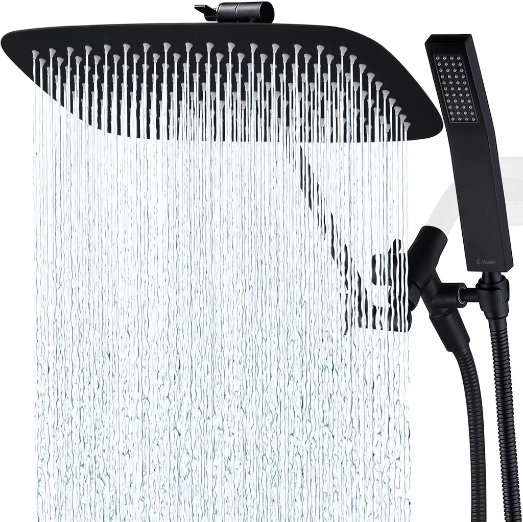 G-Promise All Metal 14 Inch Dual Square Shower Head with Handheld Spray Combo, Rain Shower Head, Adjustable Extension Arm, 3-Way Diverter, 71 Inch Extra Long Hose - A Bathroom Upgrade (Matte Black)