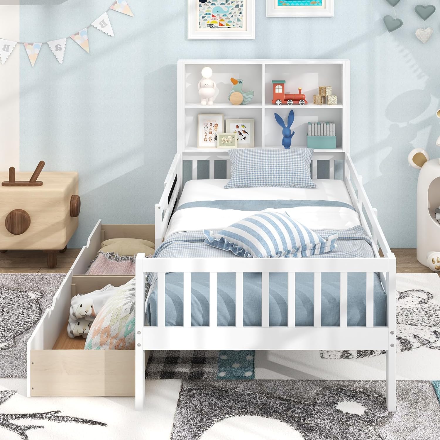 Giantex Twin Bed with 2 Storage Drawers, Solid Wood Kids Bed Frame w/Bookcase Headboard & Blackboard, Full-Length Guardrails & Wooden Slats Support, Twin Bed Frames for Kids Boys Girls, White