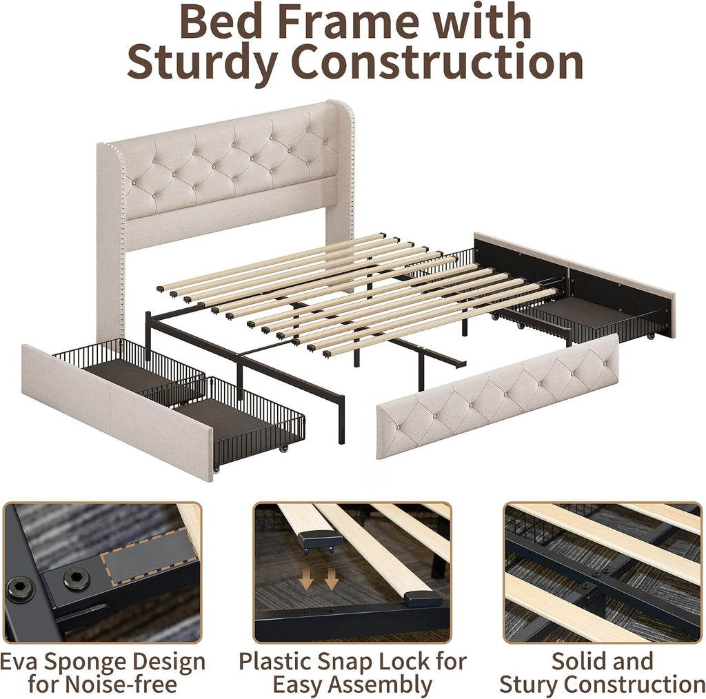 BRELTAM Full Size Bed Frame with Storage Drawers and Wingback Headboard Linen Upholstered Platform Bed Frame Tufted Beds with Heavy Duty Wood Slats, Noise Free, Easy Assembly, Beige