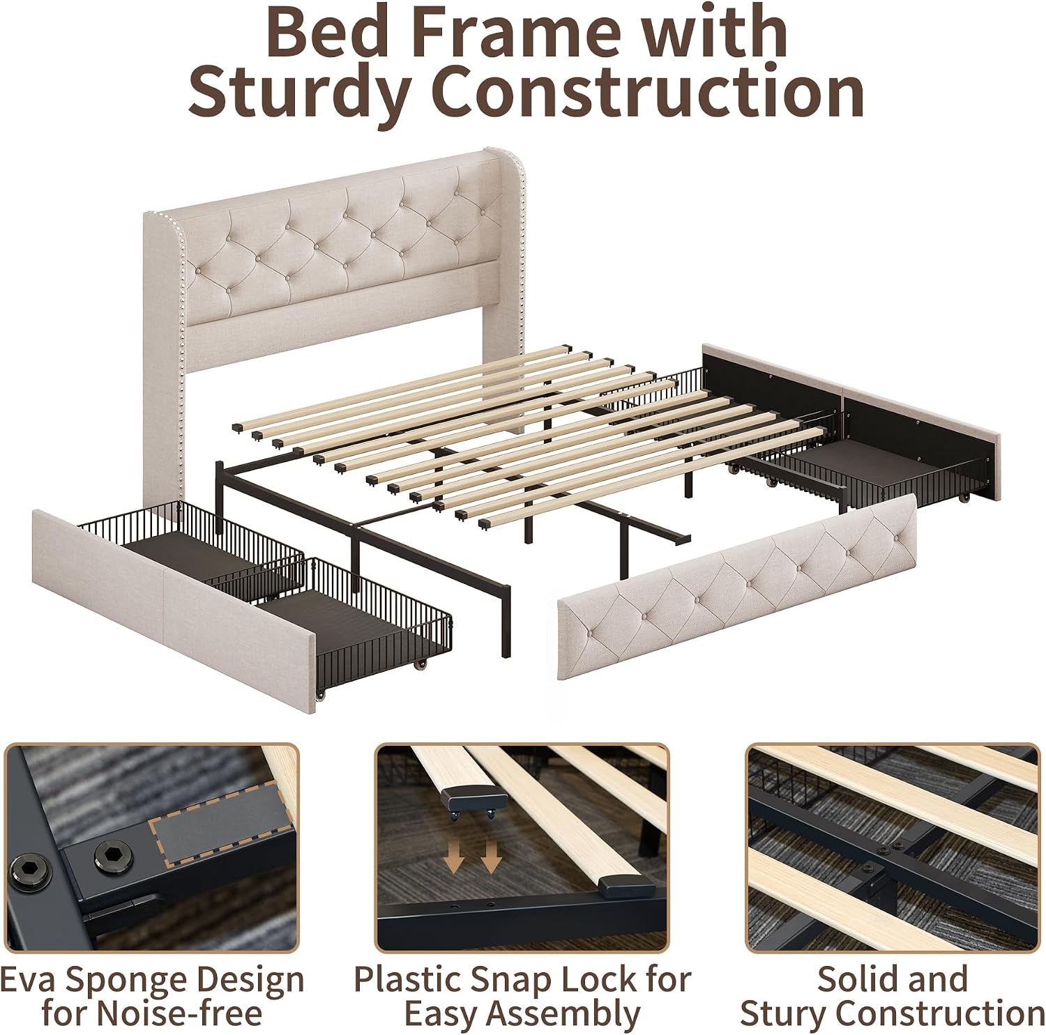 BRELTAM Full Size Bed Frame with Storage Drawers and Wingback Headboard Linen Upholstered Platform Bed Frame Tufted Beds with Heavy Duty Wood Slats, Noise Free, Easy Assembly, Beige