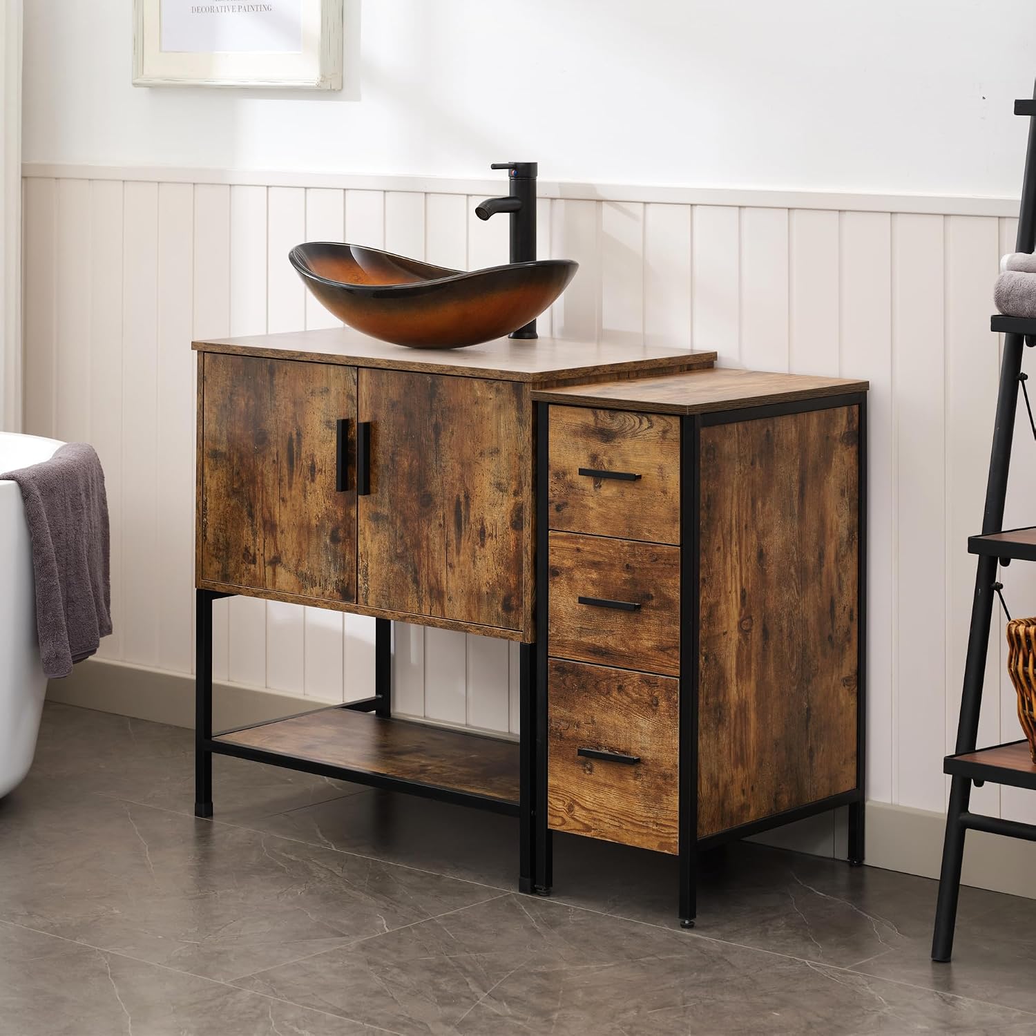 UEV 42' Rustic Brown Bathroom Vanity with Sink Combo,Industrial Iron Frame Bathroom Cabinet Sets with 3 Drawers Side Cabinet,Modern Brown Boat Tempered Glass Vessel Sink(029BR)