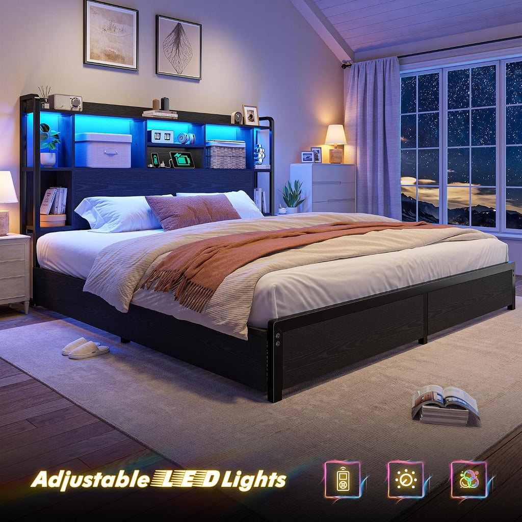 Homkdom King Size Bed Frame with Storage Headboard & 4 Large Drawers King Bed Frame with 51' Tall Headboard 9 Compartments Led Lights & Charging Station,No Box Spring Needed, No Noise,Black