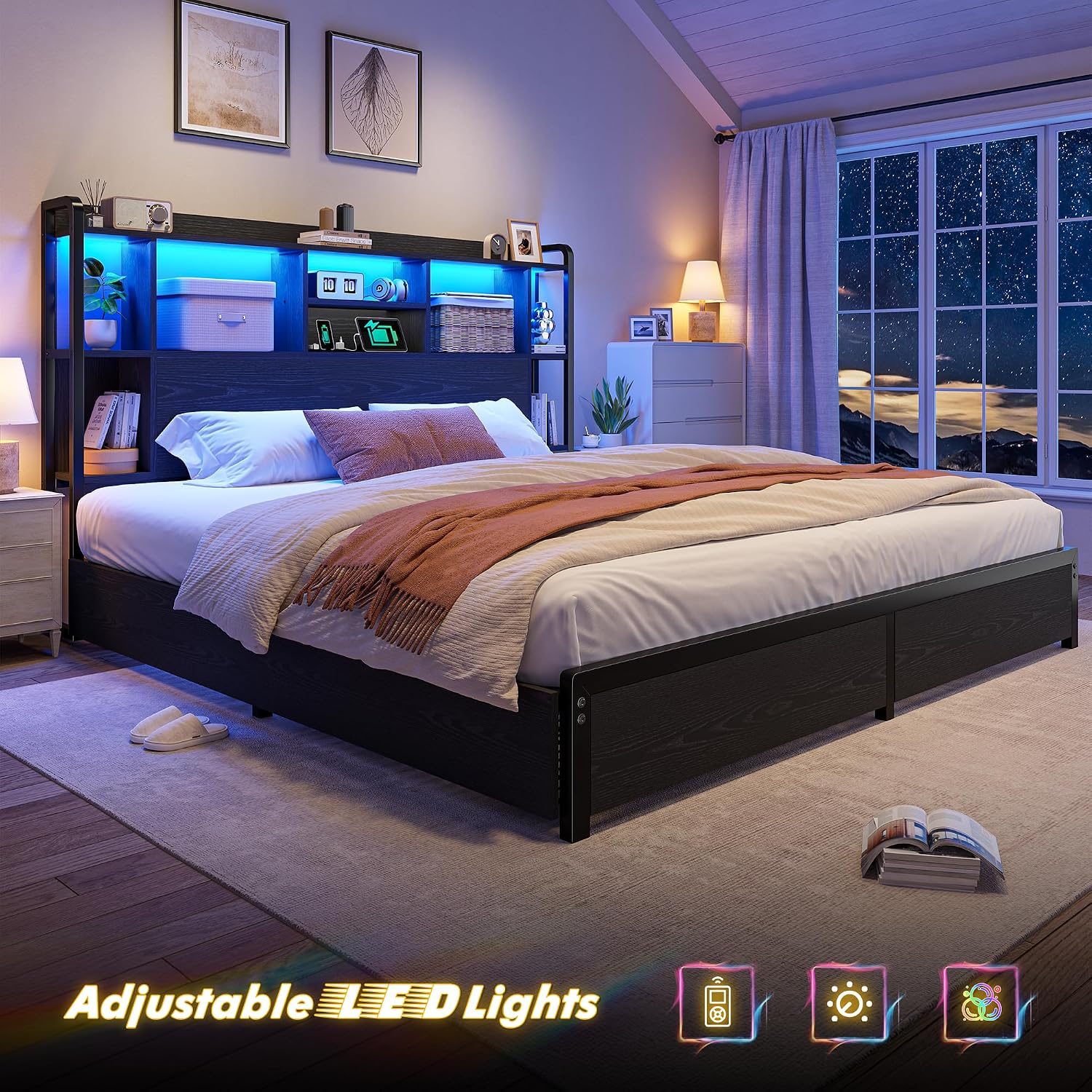 Homkdom King Size Bed Frame with Storage Headboard & 4 Large Drawers King Bed Frame with 51' Tall Headboard 9 Compartments Led Lights & Charging Station,No Box Spring Needed, No Noise,Black