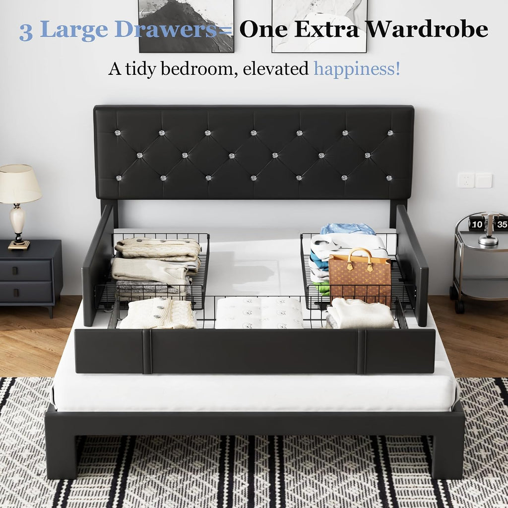 VECELO Queen Size Bed Frame with 3 Storage Drawers, Leather Upholstered with Diamond Tufted Headboard, Solid Wood Slat Support & Steel Framework, PU & Black