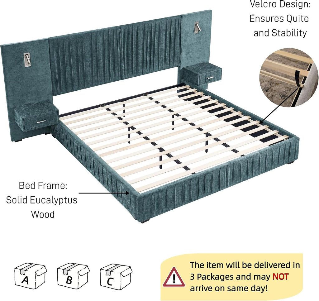 Upholstered Platform Bed with Built-in Nightstands, King Size Bed Frame with Chenille Headboard and Adjustable Lighting, No Box Spring Required, Space-Saving Bedroom Combo (Blue-Green)