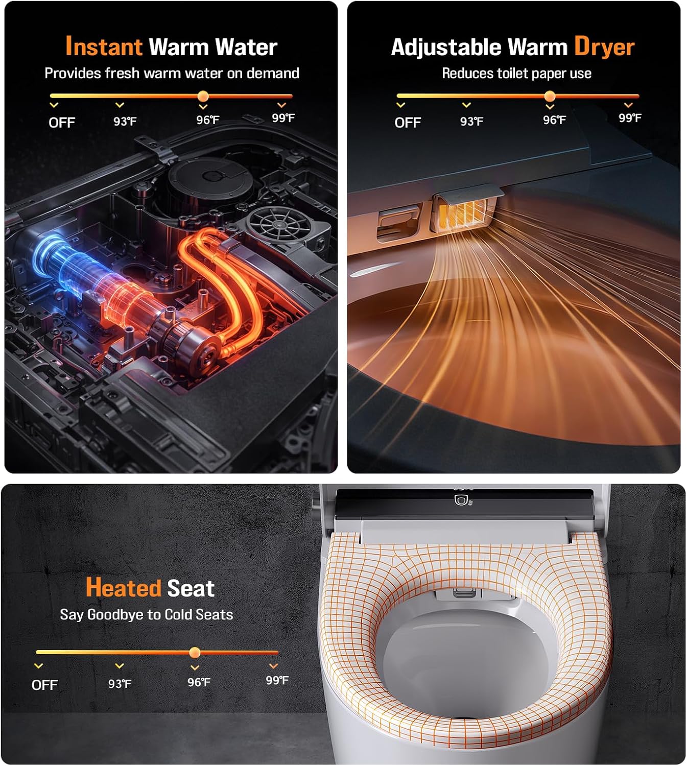 Smart Toilet with Bidet Built-In, Tankless Powerful Dual Flush, Auto Open/Close & Auto Flush, Elongated Heated Seat, Instant Warm Water & Dryer, LED Night Light & Temp Display