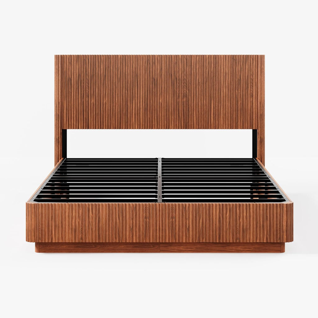 ivoros Mid Century Modern Bed Frame King Size, Fluted Platform Bed Frame with Headboard, Wood and Steel Platform Beds with LED Lights, Heavy Metal Frame Support, No Box Spring Needed, Walnut