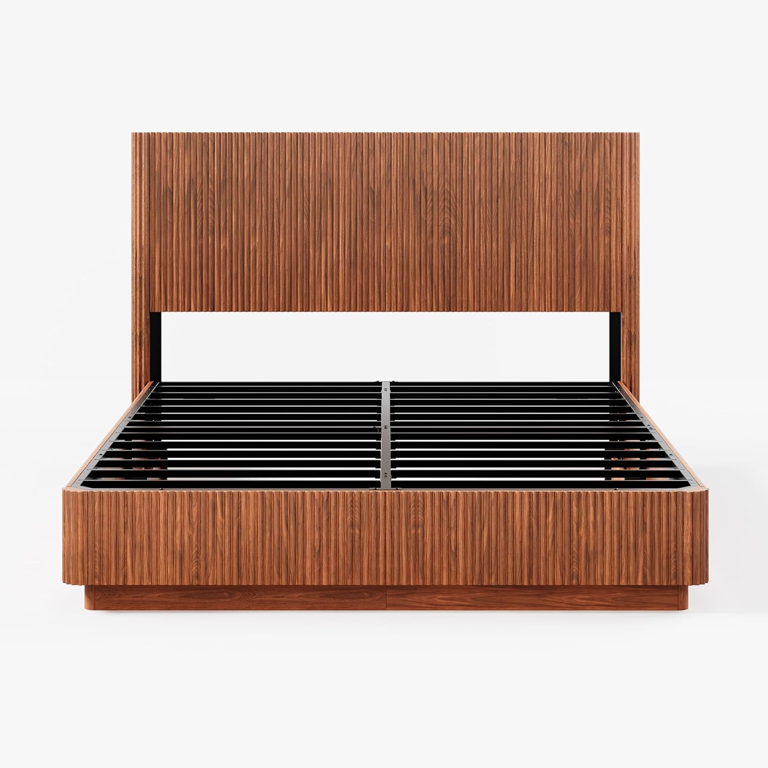ivoros Mid Century Modern Bed Frame King Size, Fluted Platform Bed Frame with Headboard, Wood and Steel Platform Beds with LED Lights, Heavy Metal Frame Support, No Box Spring Needed, Walnut