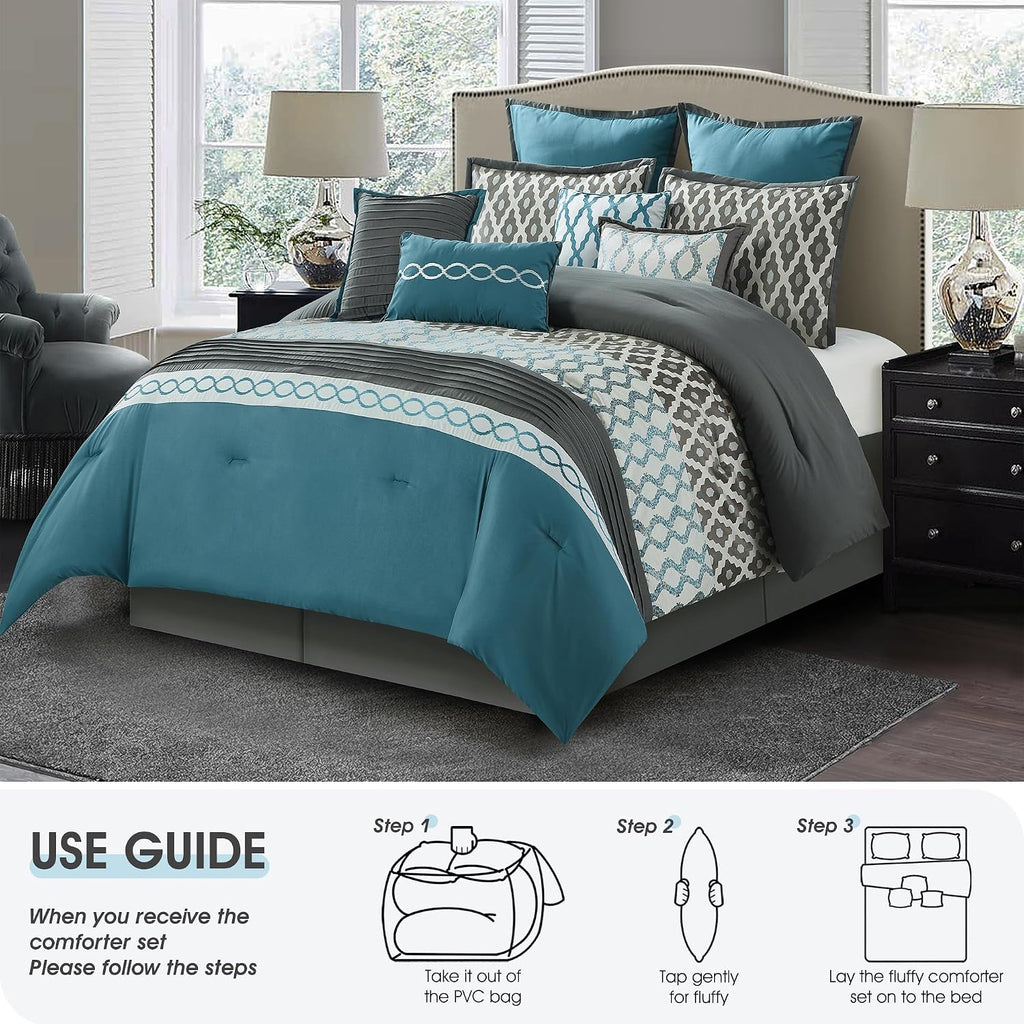 LANCO MODERN LIFESTYLE Oversized Comforter Set, Blue, 10 Piece Bed in a Bag for All Seasons, Luxury Extreme Comfort Bedding Sets with Bedskirt, Pillow Shams, Euro Shams and Decor Pillows